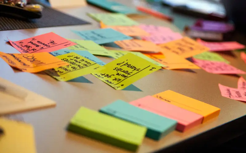 workflow4biz image of a bunch of poster stickers on a table with words written all over them